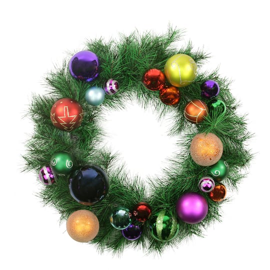 24&#x22; Pre-Decorated Multicolor Ball Ornament Long Needle Pine Artificial Christmas Wreath, Unlit